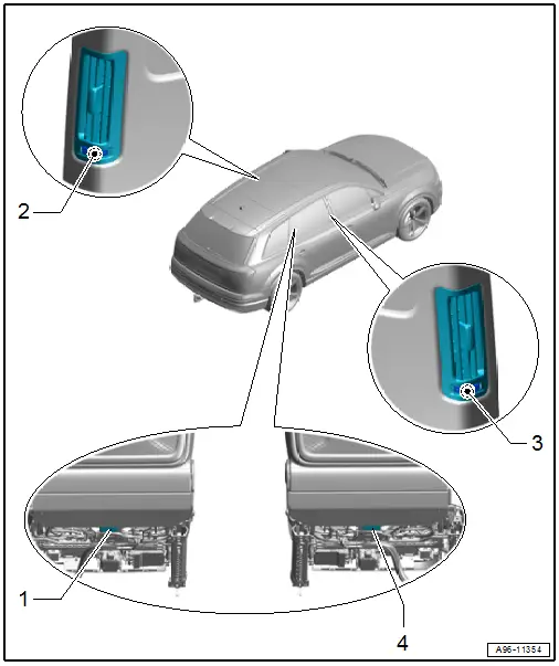 Component Location Overview - Lamps in Center Console, Seats and B-Pillar