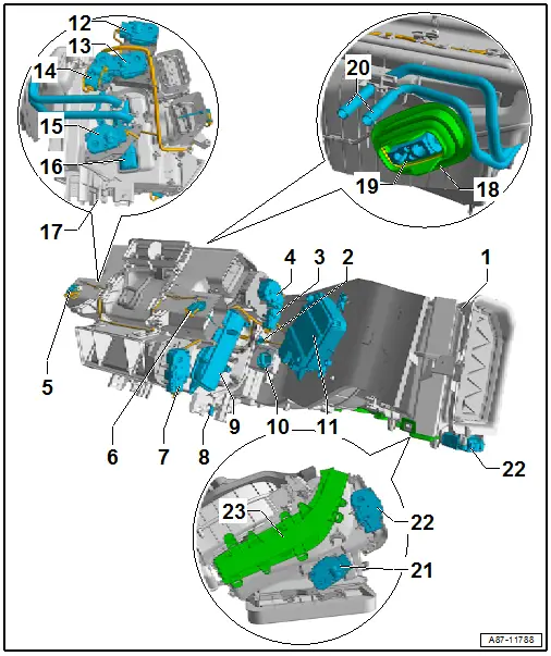 Component Location Overview - Front Heater and A/C Unit Components, "Low" or "Mid" A/C System