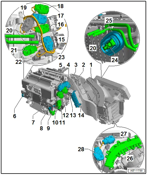 Component Location Overview - Front Heater and A/C Unit Components, "Mix" or "High" A/C System