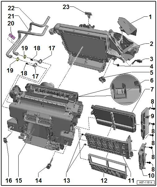 Overview - Front Heater and A/C Unit Attachments, Air Distribution Box, Heat Exchanger etc. 