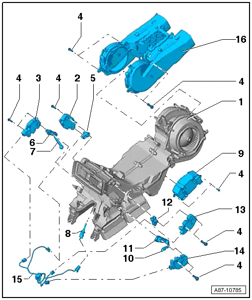 Rear Air Distribution Housing Actuators and Electrical Components, "Mid" or "Mix" A/C System