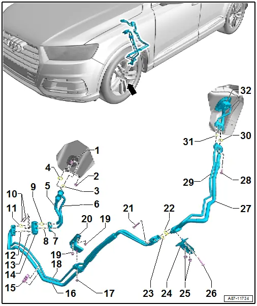 Overview - Expansion Valve and Refrigerant Lines to Rear Heater and A/C Unit